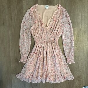 Arula Pink Paisley Floral Smocked Mini Dress V-Neck Long Sleeve Calynn-P Size X